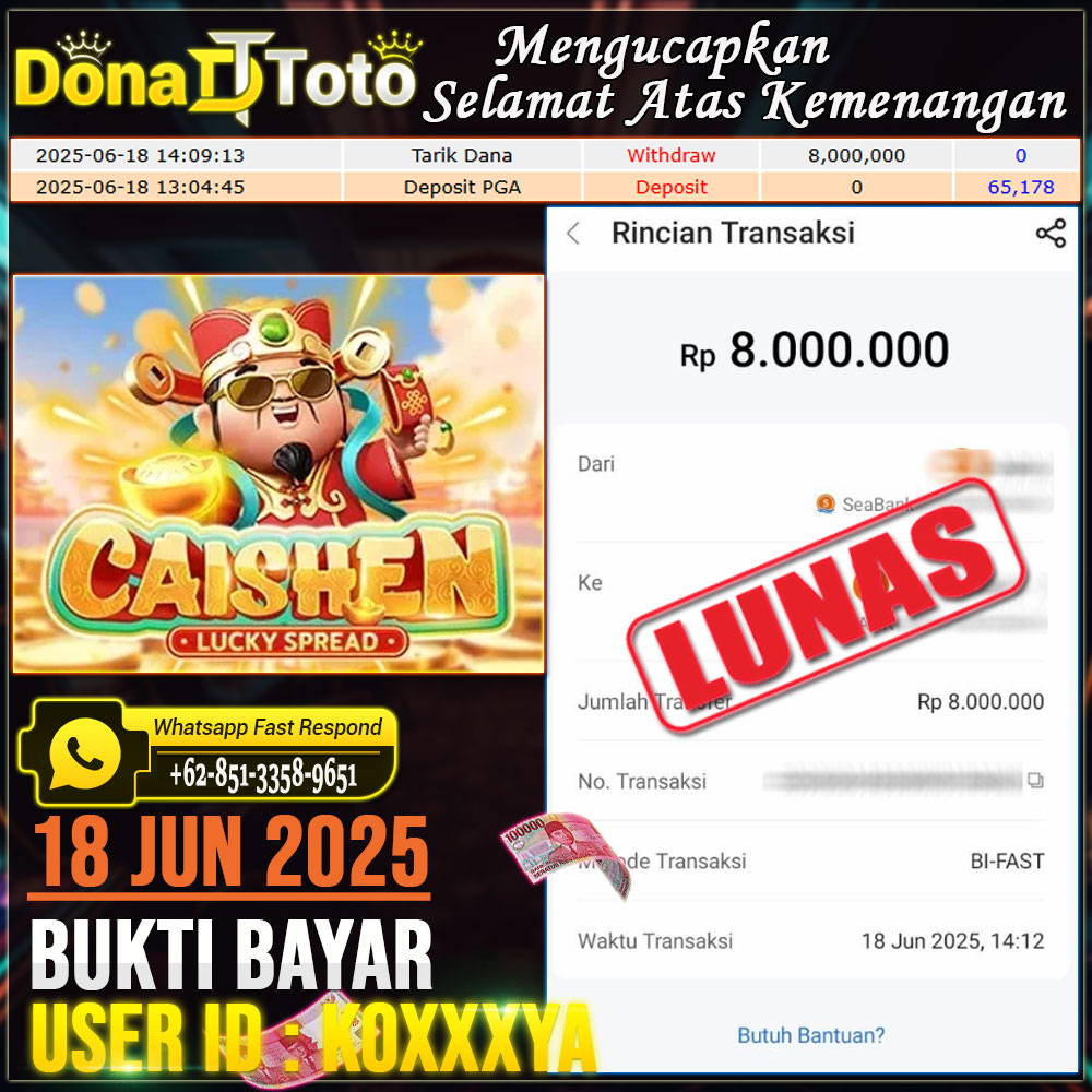 BUKTI MENANG SLOT GAMES CAISHEN LUCKY SPREAD (PLAYSTAR) - 18 JUNI 2025